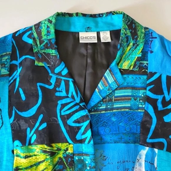 Chico's 3/4 Sleeve Silk-Linen Blend Button Down Jacket, Turquoise / Black - Picture 3 of 10